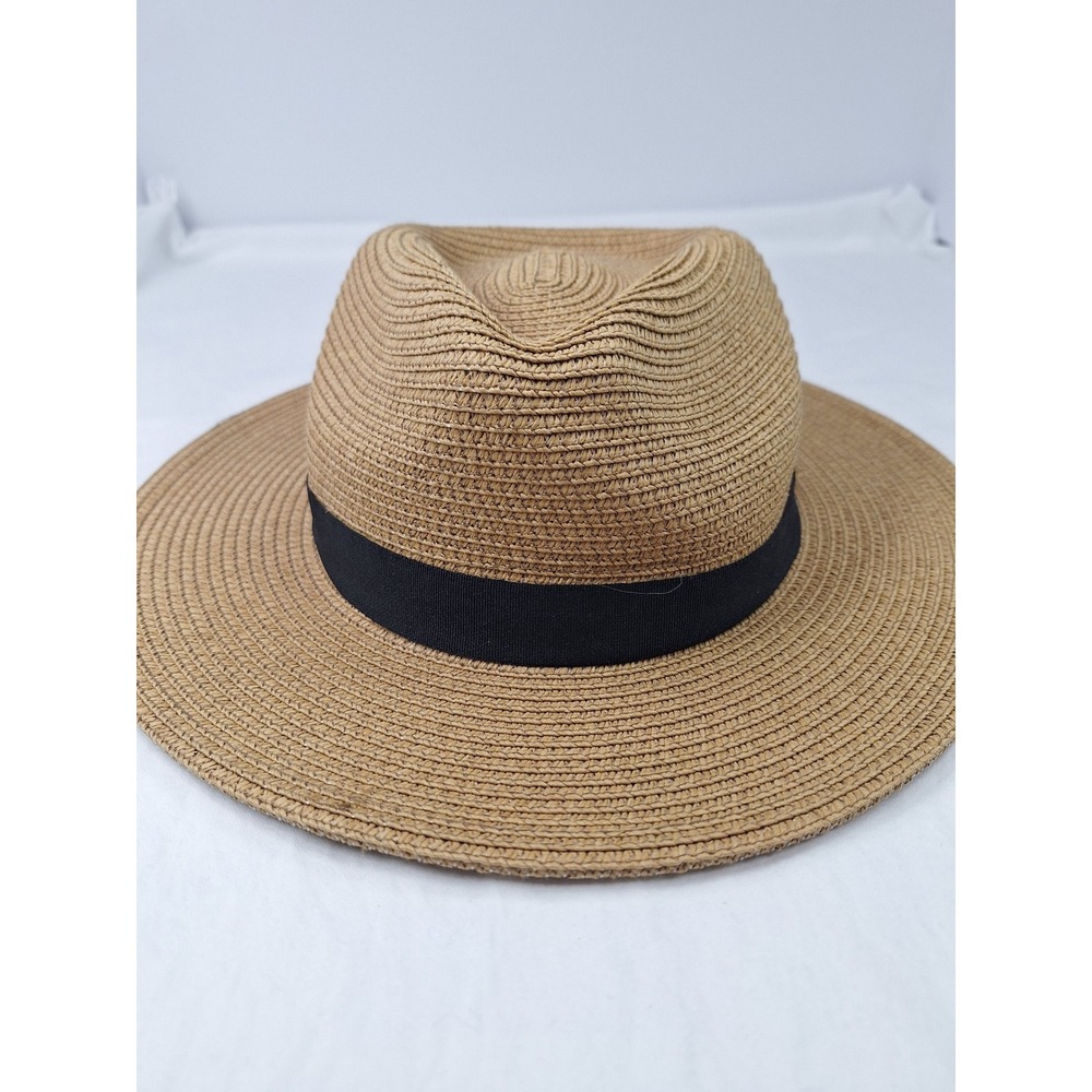 Solar Escape Tan Straw Sun Hat Wide Brim Fedora with Black Ribbon One Size